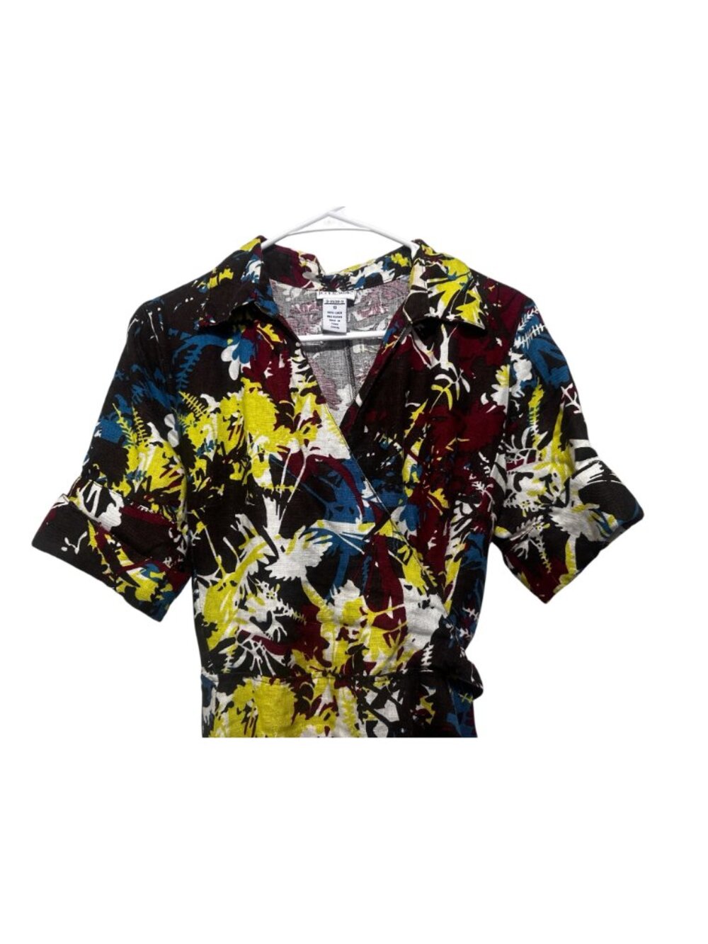 JH Hook 100% Linen Faux Wrap Midi Dress 10 Abstract Multicolor Artsy Coastal - Picture 6 of 13